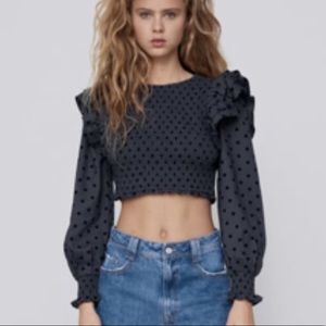 ZARA Blue and Black Polka Dot Crop Top